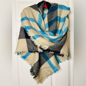 Plaid Fringe Scarf in Blue and Cream, brand unknown